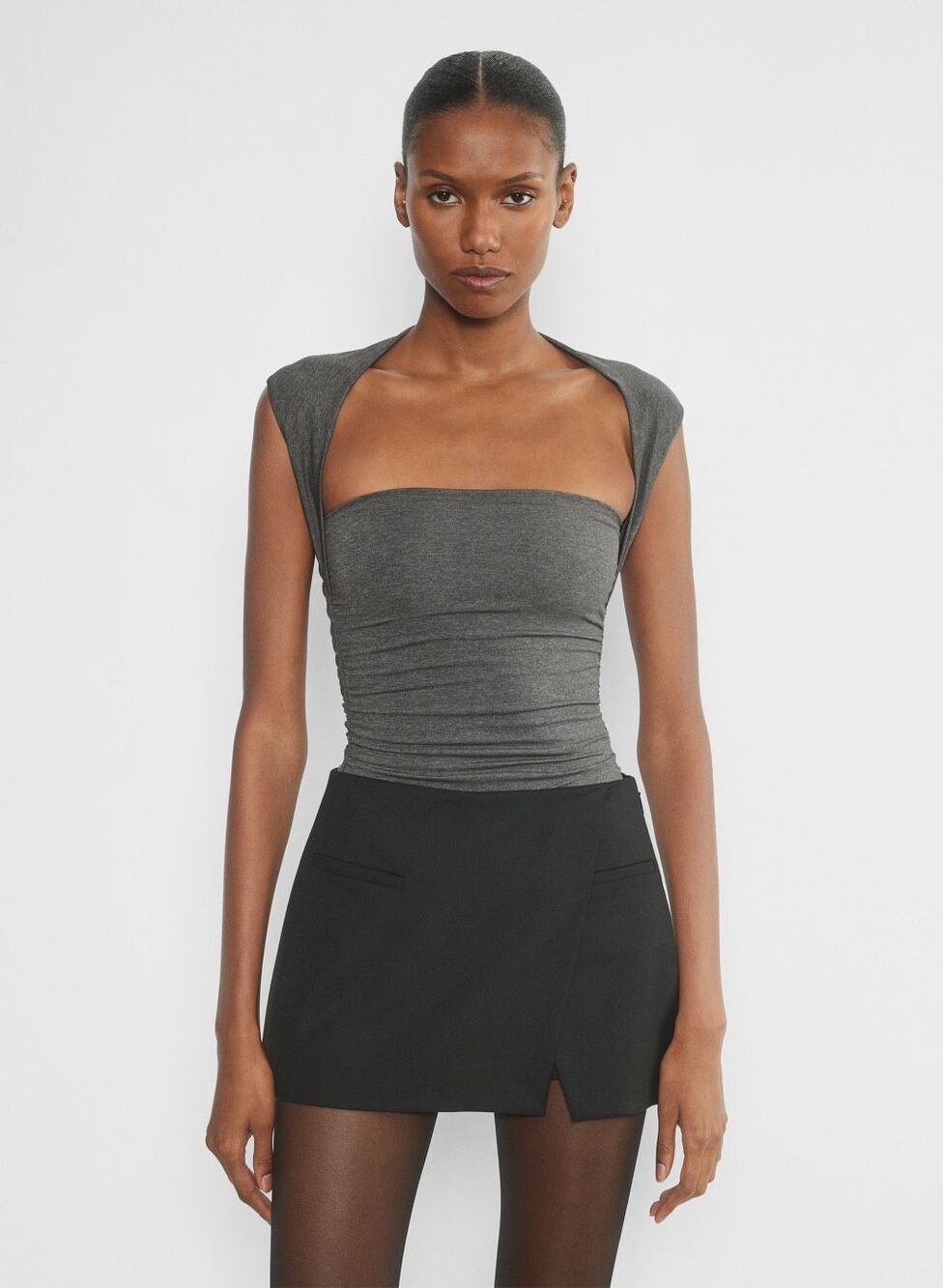 Aritzia Contour Women's Ruched Fitted Flourish Bodysuit Heather Gray L NEW